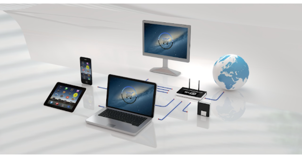 A digital illustration shows a network connection linking a laptop, tablet, smartphone, desktop monitor, Wi-Fi router, and a globe. Blue lines represent data flow between the devices, symbolizing how website hosting providers connect the world seamlessly.