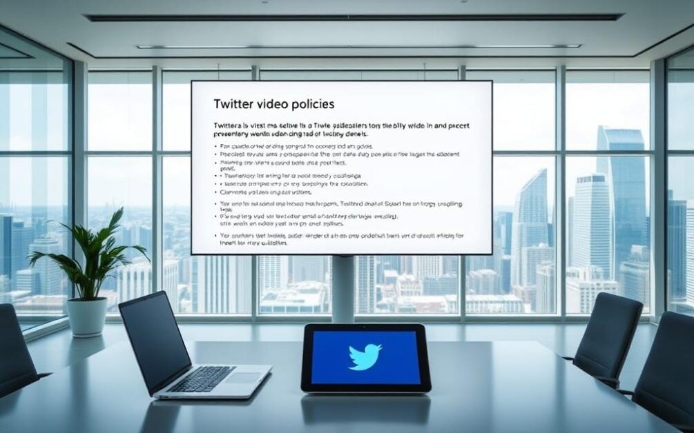A corporate office interior, with a focus on a large display showing Twitter's video policies. The scene is brightly lit, with clean lines and minimalist decor. In the foreground, a sleek, modern desk with a laptop and a tablet displaying the Twitter logo. In the middle ground, the display screen shows a concise list of the platform's video guidelines, presented in a clear, professional manner. The background features floor-to-ceiling windows, offering a view of a bustling city skyline. The overall atmosphere conveys a sense of professionalism, technology, and attention to detail, reflecting the importance of understanding and adhering to Twitter's video policies.