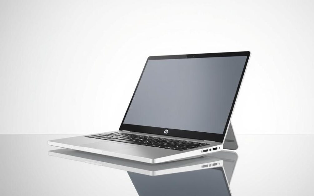 A high-quality, detailed image of the HP Spectre x360 14 2-in-1 convertible laptop in a professional, neutral studio setting. The laptop is placed on a sleek, reflective glass surface, bathed in soft, directional lighting that accentuates its elegant, metallic silver chassis and slim profile. The display is open, showcasing the touch screen and 360-degree hinge mechanism. The laptop is positioned at a slight angle, highlighting its premium, luxurious design. The background is a simple, minimalist white or gray seamless backdrop, allowing the device to be the central focus. The image should convey a sense of premium quality, modern sophistication, and the laptop's versatile 2-in-1 convertible capabilities. A high-quality, detailed image of the HP Spectre x360 14 2-in-1 convertible laptop in a professional, neutral studio setting. The laptop is placed on a sleek, reflective glass surface, bathed in soft, directional lighting that accentuates its elegant, metallic silver chassis and slim profile. The display is open, showcasing the touch screen and 360-degree hinge mechanism. The laptop is positioned at a slight angle, highlighting its premium, luxurious design. The background is a simple, minimalist white or gray seamless backdrop, allowing the device to be the central focus. The image should convey a sense of premium quality, modern sophistication, and the laptop's versatile 2-in-1 convertible capabilities.