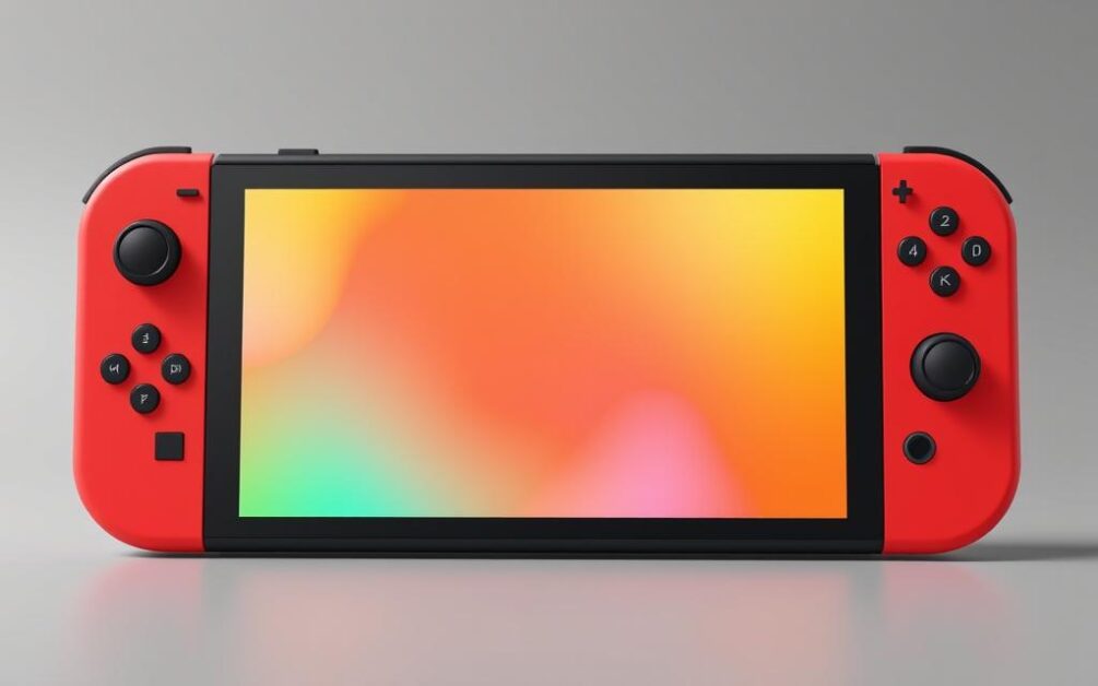 A high-resolution, detailed rendering of a sleek, modern Nintendo Switch 2 console, showcasing its advanced display technology. The device is centered in the frame, with a crisp, vibrant 4K OLED screen that fills the majority of the device's front panel. The screen has a near-bezel-less design, creating an immersive visual experience. The console's body is made of a premium, matte-finished material, accentuating its premium aesthetic. Soft, directional lighting illuminates the device, highlighting its clean lines and meticulously crafted appearance. The background is a minimalist, gradient-based environment, allowing the Nintendo Switch 2 and its display to be the primary focus of the image.
