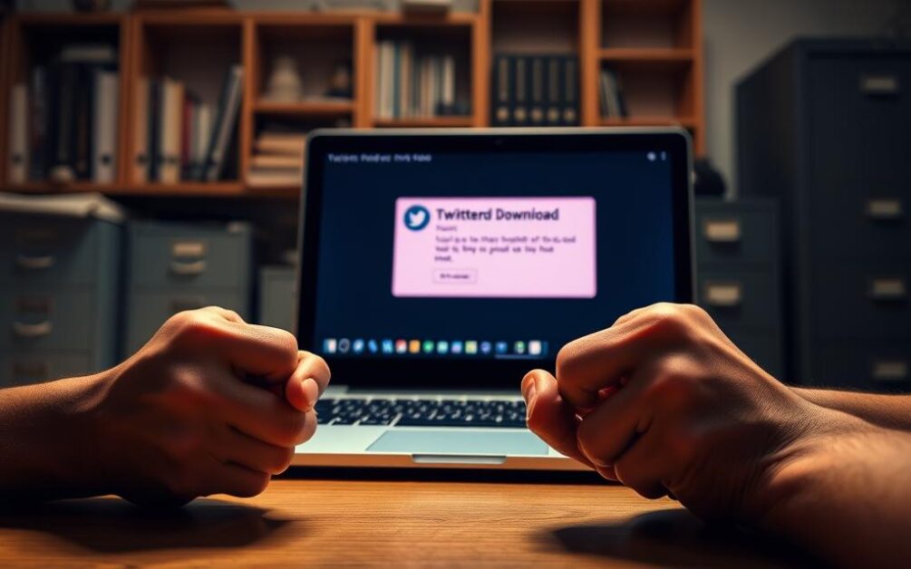 A person sitting at a desk, frustrated with their computer screen displaying an error message about a failed Twitter video download. The foreground shows their hands gripping the desk, knuckles white with tension. The middle ground features the laptop screen with a prominent error message and the Twitter logo. The background is a generic office setting, with shelves of books and filing cabinets, conveying a sense of a typical workspace. Soft, warm lighting casts gentle shadows, creating a slightly moody atmosphere. The overall scene suggests the common struggle many face when encountering problems downloading videos from Twitter.