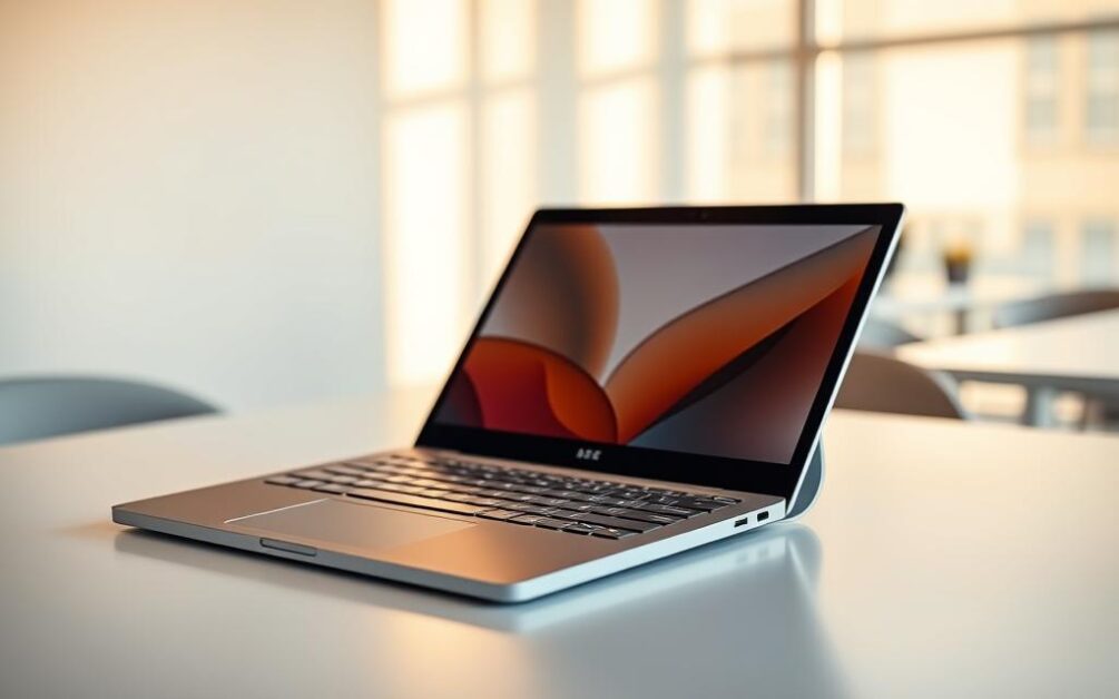 A sleek and modern Microsoft Surface Laptop 6 rests on a clean, minimalist table. The device's aluminum chassis gleams under the warm, directional lighting, casting subtle shadows that accentuate its refined design. The screen displays a crisp, vibrant image, inviting the viewer to imagine the laptop in use for productivity, research, or creative tasks. In the background, a softly blurred office or study environment suggests a professional, academic setting, perfectly suited for a student's workstation. The overall composition conveys a sense of sophistication, efficiency, and the laptop's versatility as a tool for academic and personal computing needs. A sleek and modern Microsoft Surface Laptop 6 rests on a clean, minimalist table. The device's aluminum chassis gleams under the warm, directional lighting, casting subtle shadows that accentuate its refined design. The screen displays a crisp, vibrant image, inviting the viewer to imagine the laptop in use for productivity, research, or creative tasks. In the background, a softly blurred office or study environment suggests a professional, academic setting, perfectly suited for a student's workstation. The overall composition conveys a sense of sophistication, efficiency, and the laptop's versatility as a tool for academic and personal computing needs.