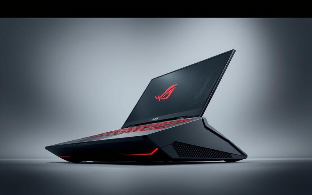 A sleek and powerful ASUS ROG Zephyrus G16 gaming laptop, positioned in a well-lit studio setting. The laptop's striking black and red aesthetic is highlighted, showcasing its bold, angular design and vibrant RGB lighting. The device is displayed from a low, dynamic angle, emphasizing its premium, high-performance nature. The background is blurred, keeping the focus on the laptop's striking appearance and impressive technical specifications, such as its powerful GPU, high-refresh-rate display, and advanced cooling system. The mood is one of cutting-edge technology and immersive gaming, inviting the viewer to imagine the laptop's capabilities.