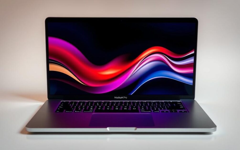 A sleek and sophisticated Apple MacBook Pro M3 Max, crafted with precision and power. The brushed aluminum chassis gleams under the soft, warm lighting, its edges accentuated by the sharp contours. The gorgeous Retina XDR display, with its vibrant colors and deep blacks, dominates the center of the frame, inviting the viewer to imagine the creative possibilities. In the foreground, the backlit keyboard and responsive touchpad hint at the seamless user experience, while the subtle Apple logo on the lid stands as a symbol of the brand's uncompromising quality. The entire scene is captured in a clean, professional setting, reflecting the device's intended use by discerning creative professionals.
