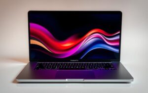 A sleek and sophisticated Apple MacBook Pro M3 Max, crafted with precision and power. The brushed aluminum chassis gleams under the soft, warm lighting, its edges accentuated by the sharp contours. The gorgeous Retina XDR display, with its vibrant colors and deep blacks, dominates the center of the frame, inviting the viewer to imagine the creative possibilities. In the foreground, the backlit keyboard and responsive touchpad hint at the seamless user experience, while the subtle Apple logo on the lid stands as a symbol of the brand's uncompromising quality. The entire scene is captured in a clean, professional setting, reflecting the device's intended use by discerning creative professionals.