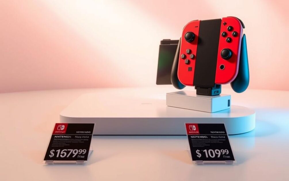 A sleek, high-tech-inspired product display showcasing the Nintendo Switch 2 console. The device is prominently featured, rendered in realistic detail with its distinct Joy-Con controllers and docking station. The background features a clean, minimalist studio setting with soft, directional lighting accentuating the console's curves and colors. The foreground includes price tags and product information, displayed in a modern, legible font that contrasts with the device's design. The overall atmosphere conveys a sense of modern, premium technology that aligns with the Nintendo brand's reputation for quality and innovation.