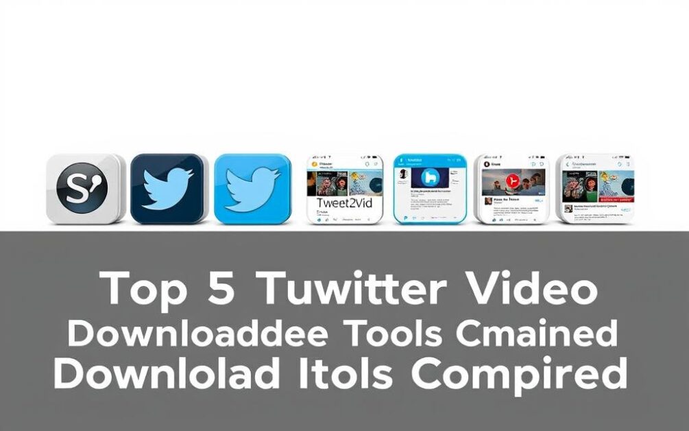 A sleek, minimalist comparison of five popular Twitter video downloader tools, set against a clean, white backdrop. In the foreground, a row of five distinct app icons, each representing a different tool - Snapsave, SaveTweetVid, Tweet2Vid, TweetDownload, and TwitterVideoDownloader. The icons are rendered in a sophisticated, 3D-like style, with crisp edges and subtle gradients that catch the light. In the middle ground, a simple grid of five app screenshots, showcasing the user interfaces and key features of each tool. The screenshots are arranged in a grid, creating a sense of balance and order. The background is a pristine white, allowing the tools and their details to take center stage. The overall mood is professional, informative, and visually appealing, perfectly suited to illustrate a section on the "Top 5 Twitter Video Downloader Tools Compared".