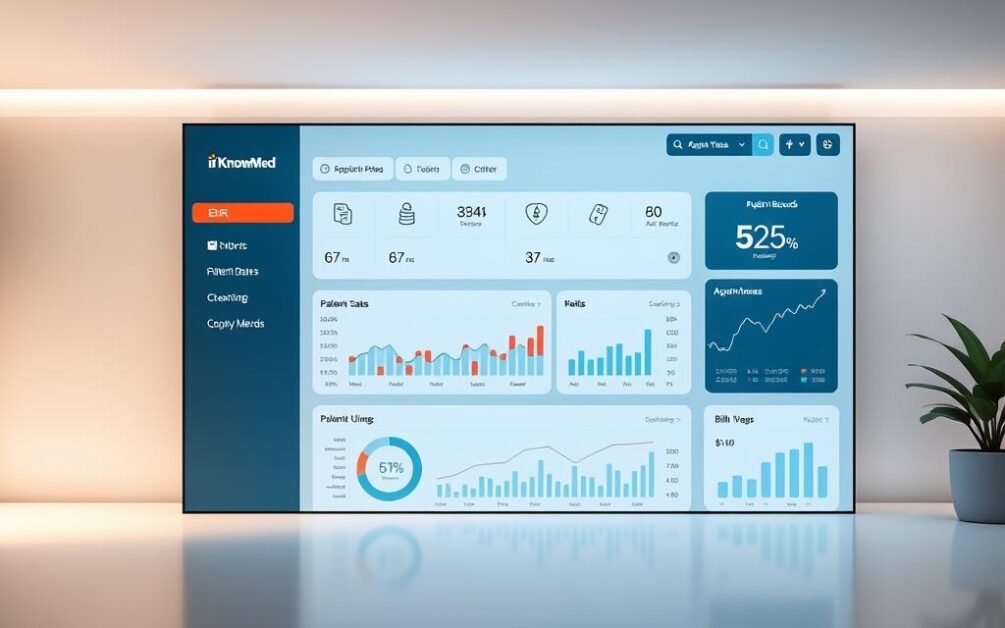 A sleek, modern dashboard interface for the iKnowMed electronic health record (EHR) system. The main panel displays an overview of patient data, with intuitive icons and graphs presenting key metrics. The left sidebar offers a clean navigation menu, allowing easy access to various modules like patient records, appointments, and billing. Soft lighting illuminates the workspace, creating a professional and efficient atmosphere. The layout is balanced, with ample negative space to prevent visual clutter. The user experience is designed for seamless workflow, empowering healthcare providers to manage patient information effectively.