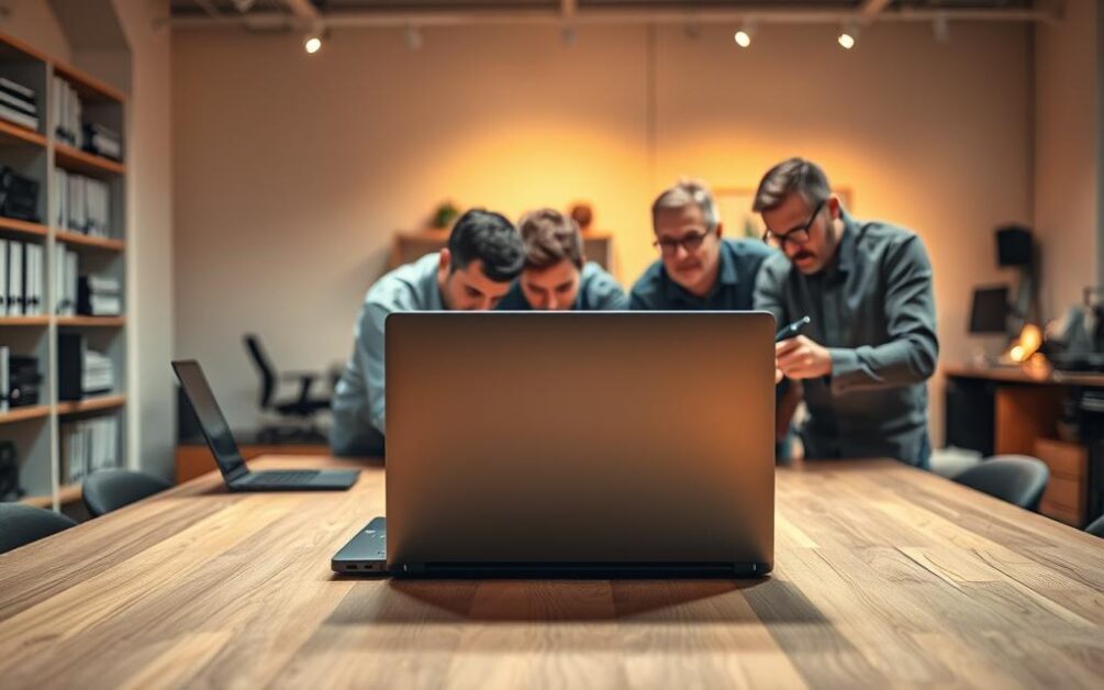 A spacious, well-lit office setting with a wooden desk in the foreground. On the desk, a sleek, state-of-the-art laptop is being carefully tested and inspected by a team of experts. The experts are intently focused, using specialized tools and equipment to evaluate the laptop's performance, durability, and features. The background has a subtle, professional atmosphere with shelves of reference materials and other tech equipment, conveying a sense of a dedicated testing environment. Warm, directional lighting casts a subtle glow, highlighting the concentration and attention to detail of the experts as they rigorously assess the laptop. A spacious, well-lit office setting with a wooden desk in the foreground. On the desk, a sleek, state-of-the-art laptop is being carefully tested and inspected by a team of experts. The experts are intently focused, using specialized tools and equipment to evaluate the laptop's performance, durability, and features. The background has a subtle, professional atmosphere with shelves of reference materials and other tech equipment, conveying a sense of a dedicated testing environment. Warm, directional lighting casts a subtle glow, highlighting the concentration and attention to detail of the experts as they rigorously assess the laptop.