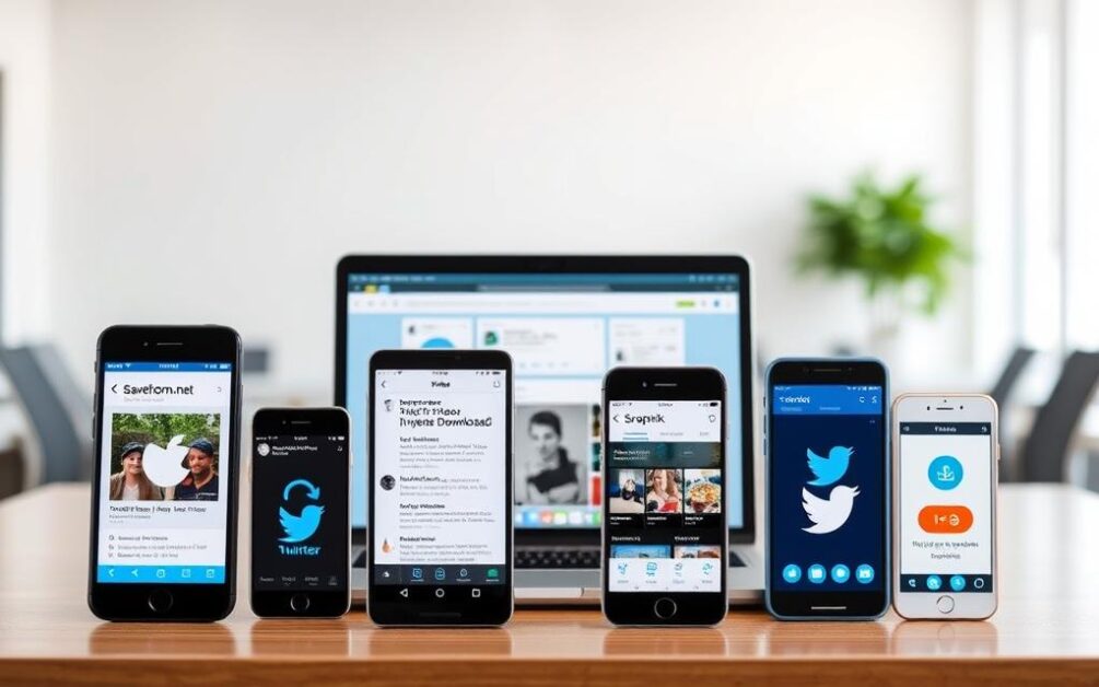High-resolution digital artwork of an assortment of popular Twitter video downloader tools and apps, photographed against a clean, minimalist backdrop with natural lighting and a shallow depth of field. The foreground features several smartphone devices displaying the interfaces of various downloader tools, including Savefrom.net, Twitter Video Downloader, and SnapTik. The middle ground showcases a laptop screen displaying a Twitter feed, emphasizing the utility of these tools for seamlessly downloading videos shared on the platform. The background is a serene, blurred office setting, conveying a professional, productivity-focused atmosphere. The overall composition highlights the essential nature of these downloader tools for efficiently capturing Twitter video content.