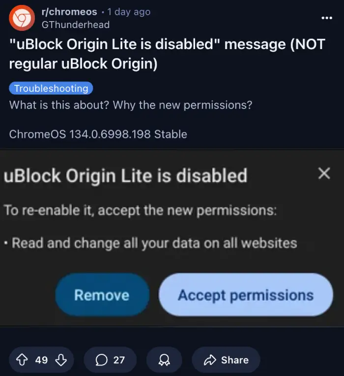 uBlock Origin Lite Disabled Alert on Chrome